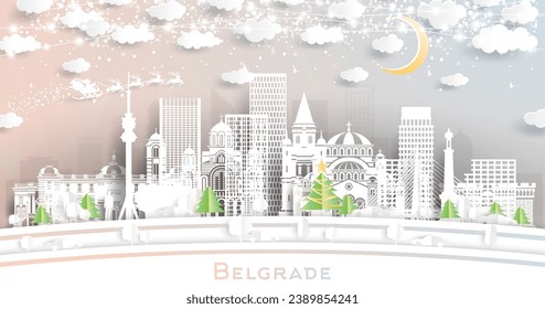 Belgrade Serbia. Winter city skyline in paper cut style with snowflakes, moon and neon garland. Christmas and new year concept. Santa Claus on sleigh. Belgrade cityscape with landmarks.