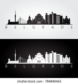 Belgrade skyline and landmarks silhouette, black and white design, vector illustration.