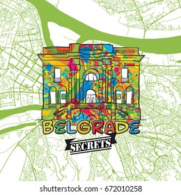 Belgrade Travel Secrets Art Map for mapping experts and travel guides. Handmade city logo, typo badge and hand drawn vector image on top are grouped and moveable.