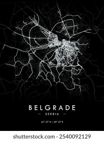 Belgrade vector map in dark theme. Detailed map of Belgrade in Serbia. Best free vector illustration. Tourist decorative street map.