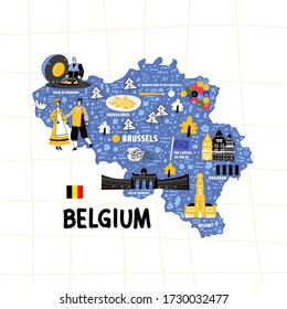 Belguim map flat hand drawn vector illustration flag. Names lettering and cartoon landmarks, tourist attractions cliparts. Brussels travel, trip comic infographic poster, banner concept design