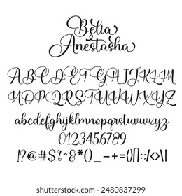 Belia Anestasha Script is modern calligraphy font, including Regular. This font is casual and pretty with swashes. Can used for various purposes. such as logo, product packaging, wedding invitations.