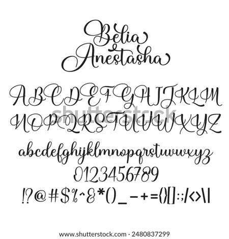 Belia Anestasha Script is modern calligraphy font, including Regular. This font is casual and pretty with swashes. Can used for various purposes. such as logo, product packaging, wedding invitations.