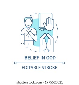 Belief in God concept icon. Personal value idea thin line illustration. Building spiritual relations with universe creator. Christian value. Vector isolated outline RGB color drawing. Editable stroke