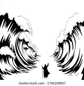 Belief israeli male human leader staff stick stand back view slavery escape go. Vintage israelite art graphic line hand drawn cartoon sketch sky. Big ocean storm separate pesach seder law wonder scene