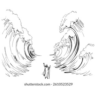 Belief israeli male human leader staff stick stand back view slavery escape go. Vintage israelite art graphic line hand drawn cartoon sketch sky. Big ocean storm separate pesach seder law wonder scene