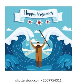 The belief of Israel's male human leaders. Moses parted the Red Sea. Passover Day concept. Flat vector illustration.