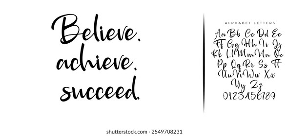 Creer, lograr, tener éxito. Cita de Vector inspiradora, letras de pincel de tinta negra aisladas sobre fondo blanco. Dicho positivo para tarjetas, carteles motivacionales y camiseta