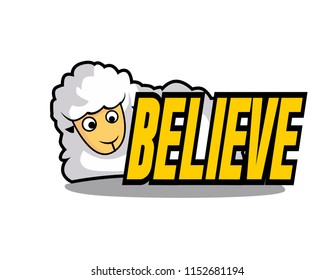 believe, beautiful greeting card or label with sheep illustratition for farm theme, vector background, poster or banner