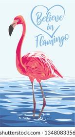 believe in flamingo slogan with flamingo standing in the water illustration