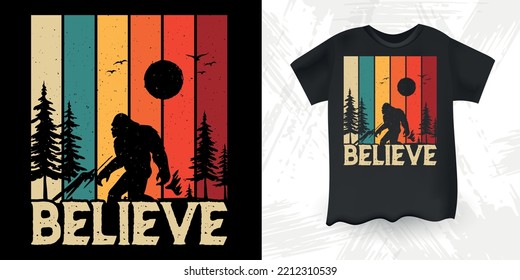 I Believe Funny Bigfoot Sasquatch Retro Sunset Vintage Bigfoot T-Shirt Design