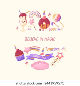 Believe in magic. Bright multicolored vector greeting card in unicorn colors