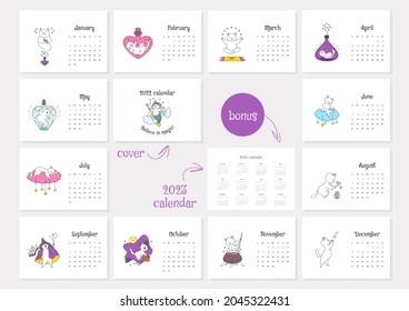 Believe in magic! Calendar 2022 template. Monthly calendar 2022 with cute white magic cats. Bonus - 2023 calendar. Vector illustration 10 EPS.