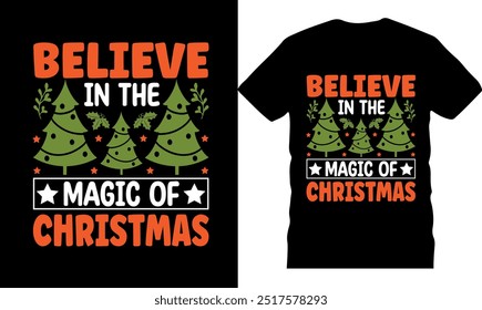 Acredite na magia do Natal, cumprimentos de férias, Natal engraçado, Natal, floco de neve, árvore de neve, manuscrito, texto retro, natal_tee, feriados felizes, cartaz de celebração, ilustração