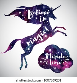 Believe in magic fantasy Illustration. Watercolor unicorn silhouette, cloud and inspiration, encourage, motivation quotes. Miracle time lettering. Watercolour night sky, stars. Template for cards.