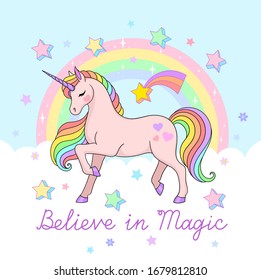 Believe in magic handwriting lettering. Beaututiful unicorn with rainbow and stars. Vector illustration