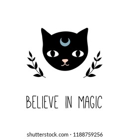 Believe in magic. Inspirational quote. Vector witch magic design print with text. Hand drawn, doodle, sketch magician illustration. Witchcraft cat. Perfect for posters, cards, stickers