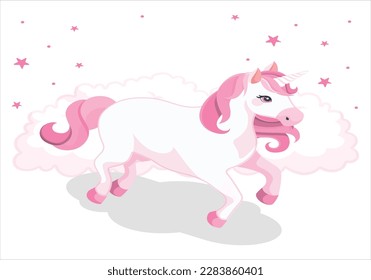 Believe in magic lettering. beautiful unicorns on white background. Vector cartoon illustration for children's print, sticker. Isolated image with magic horse or pony. Fairytale animals in the clouds.
