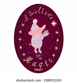 Believe in Magic poster, greeting card with cute piggy vector illustration