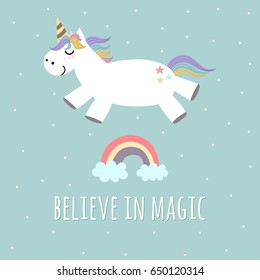 Believe in Magic poster, greeting card with cute unicorn and rainbow. Vector illustration