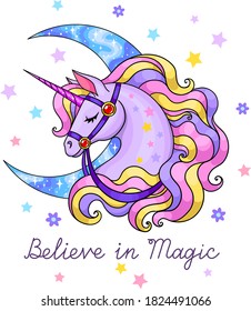 Believe in magic quote. Cute unicorn with crescent. Isolated vector illustration