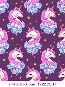 Believe in magic quote. Unicorn head with ribbon and stars. Vector seamless pattern