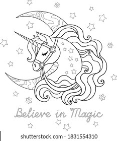 Believe in magic text. Cute unicorn with crescent. Isolated outline for coloring page