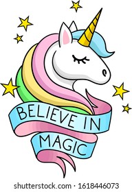 Believe in magic text. Head of cute white unicorn with rainbow mane and ribbon. Vector illustration on transparent background