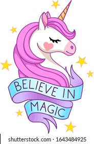 Believe in magic text. Head of cute white unicorn with pink mane and ribbon. Vector illustration on transparent background