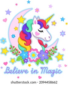 Believe in magic text. Moon with unicorn head and flowers. Vector illustration isolated