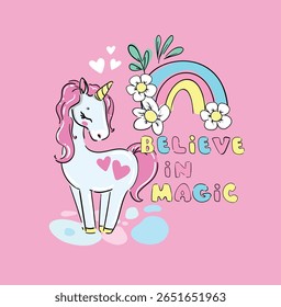 Believe in Magic Unicorn Rainbow Illustration for Kids