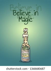 Believe in magic witch bottle candle poster. Light shadows on the wall