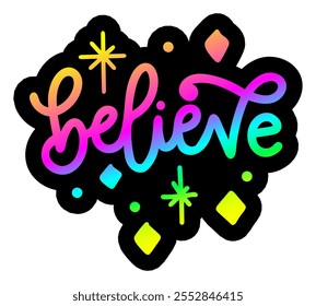 believe merry christmas colorful bright rainbow graphic design