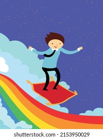 Ich glaube an Wunder, Junge auf fliegendem Teppich, Regenbogen