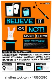 Believe It Or Not! Magic Show! (Flat Style Vector Illustration Quote Poster Design) Event Invitation with Venue and Time Details