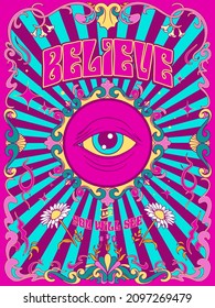 Believe Psychedelic Pop Art 60s Inspired Retro Eye Ball Poster 