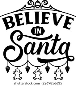 Believe in Santa, Christmas quote handwritten on black background decorated with red santa hat and mittens. Winter holidays greeting, calligraphy inscription.