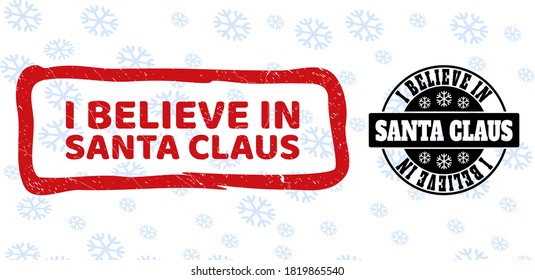 I Believe in Santa Claus stamp seals on winter background with snow in clean and draft versions for New Year.