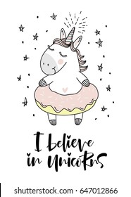 believe in unicorn typography and unicorn illustration vector.