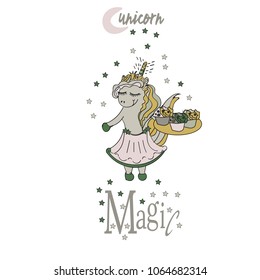 believe in unicorn typography and unicorn illustration vector.Hand drawn with stars, moon. Magic baby poster, banner, card, template for logo, postcard