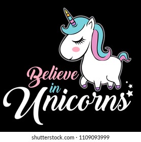 Believe in unicorns quote, vector illustration drawing. Cute unicorn graphic print isolated on black background.