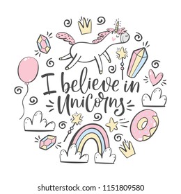 i believe in unicorns typography and magic design element set