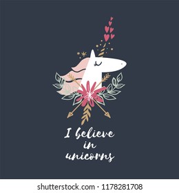 I believe in unicorns. Vector baby unicorn face art with font text. Kids illustration for prints, birthday invitations, cards. Girl postcard with magical pony, wreath flowers, gold elements