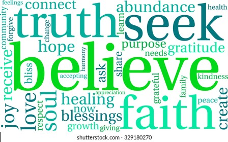 Believe word cloud on a white background. 