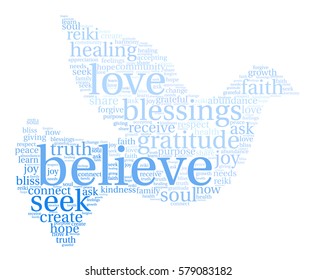 Believe word cloud on a white background.  