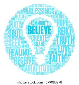 Believe word cloud on a white background.  
