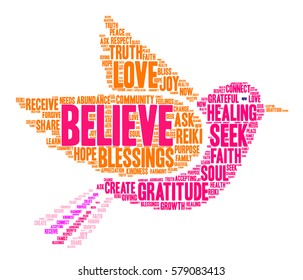 Believe word cloud on a white background.  
