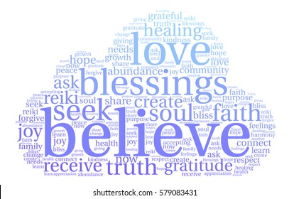 Believe word cloud on a white background.  
