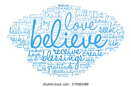 Believe word cloud on a white background.  