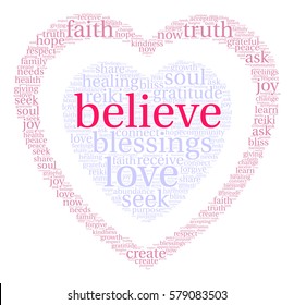 Believe word cloud on a white background.  